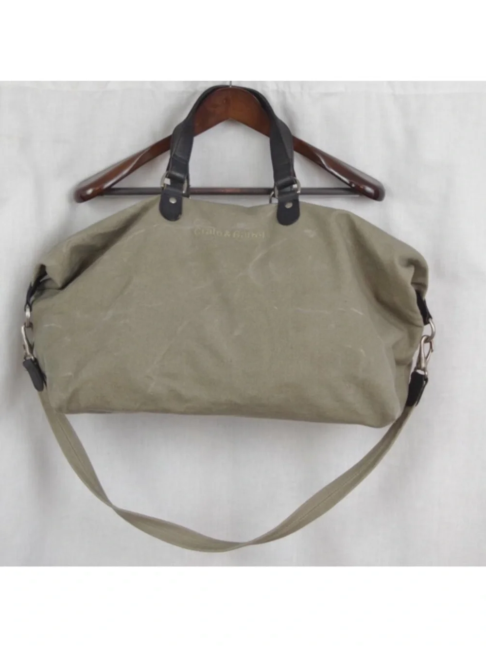 Crate & Barrel Zip Top Canvas Weekender Duffel Bag in Olive with Black Handles